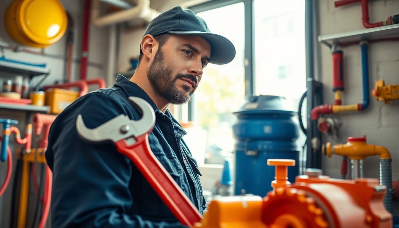 Plumber working with tools in a bright workshop setting, showcasing professionalism and expertise.