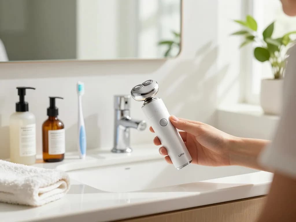 Laifen EU elektrischer Rasierer und Zahnbürste in einem stilvollen Badezimmer für eine erfrischende Morgenroutine.