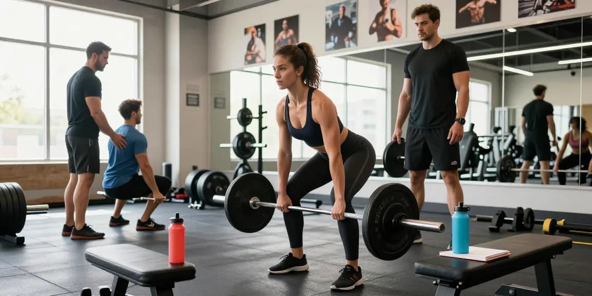 Anabolika Shop Deutschland - Sportliche Frau hebt im modernen Fitnessstudio mit Trainern und Geräten, was den Fitness-Lifestyle hervorhebt.