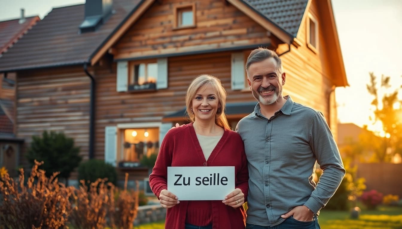 Glückliches Paar steht vor einem charmanten Einfamilienhaus, bereit für den Hauskauf.