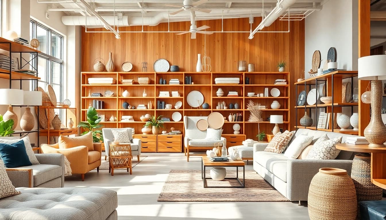 Möbelzubehör Anbieter präsentiert verschiedene stilvolle Möbelaccessoires in einem modernen Showroom.