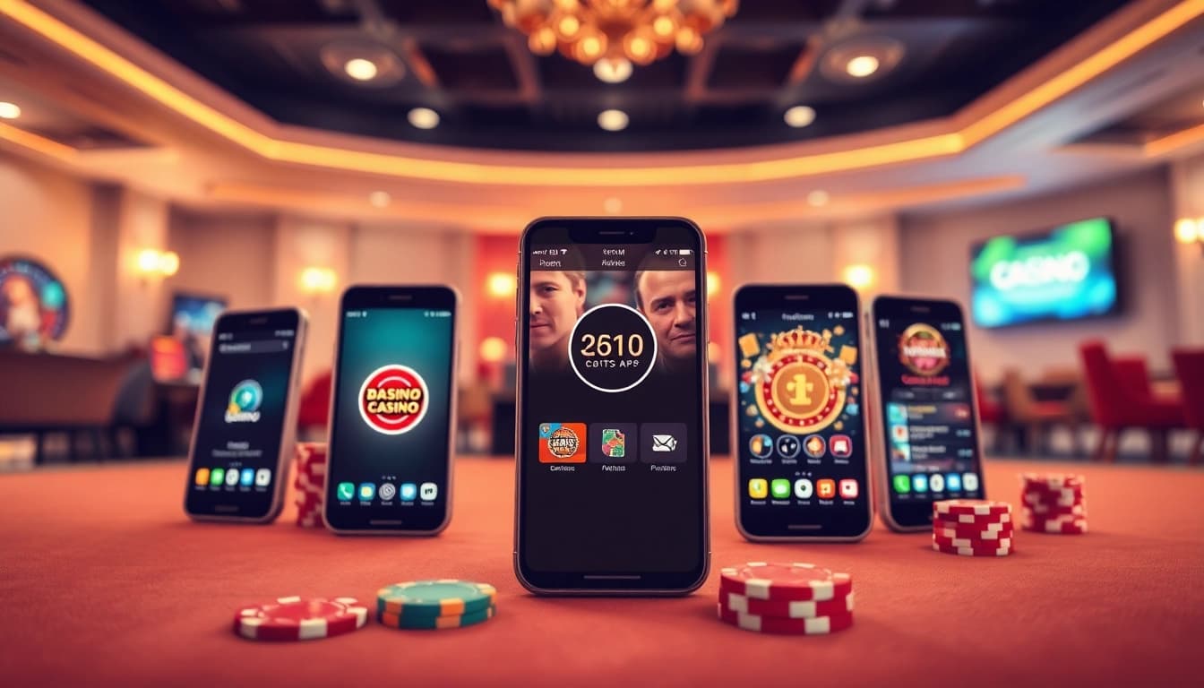 Entdecken Sie die besten Casino Apps auf modernen Smartphones, dargestellt mit einer einladenden Casino-Atmosphäre und attraktiven Benutzeroberflächen.