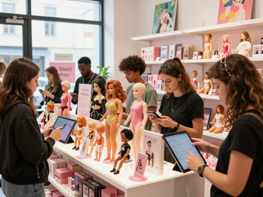 Fesselnde E-Commerce-Szene, die Käufer zeigt, die sofort verfügbare Sofort Lieferbar Sexpuppen in einem modernen Geschäft erkunden.