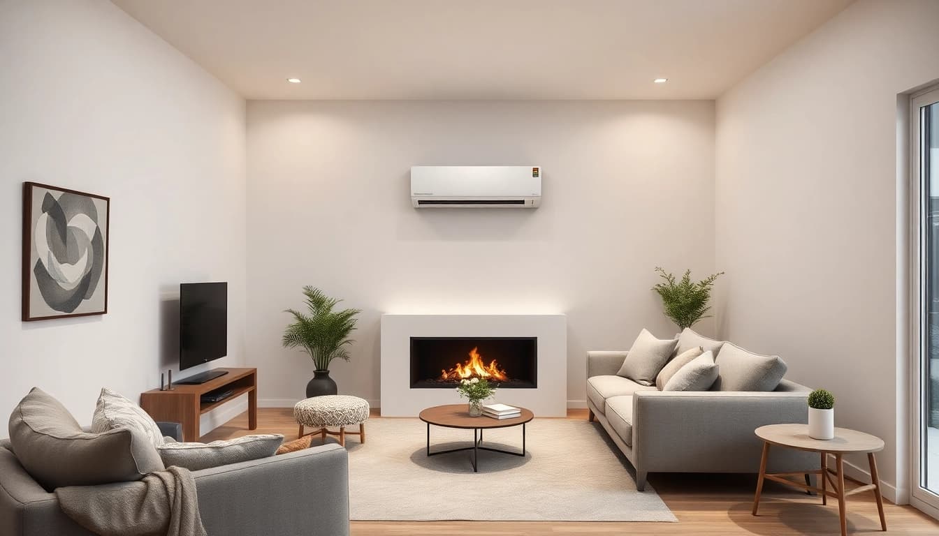 Klima kaufen: Hochwertige Split-Klimaanlage in stilvollem Wohnzimmer mit warmem Licht.