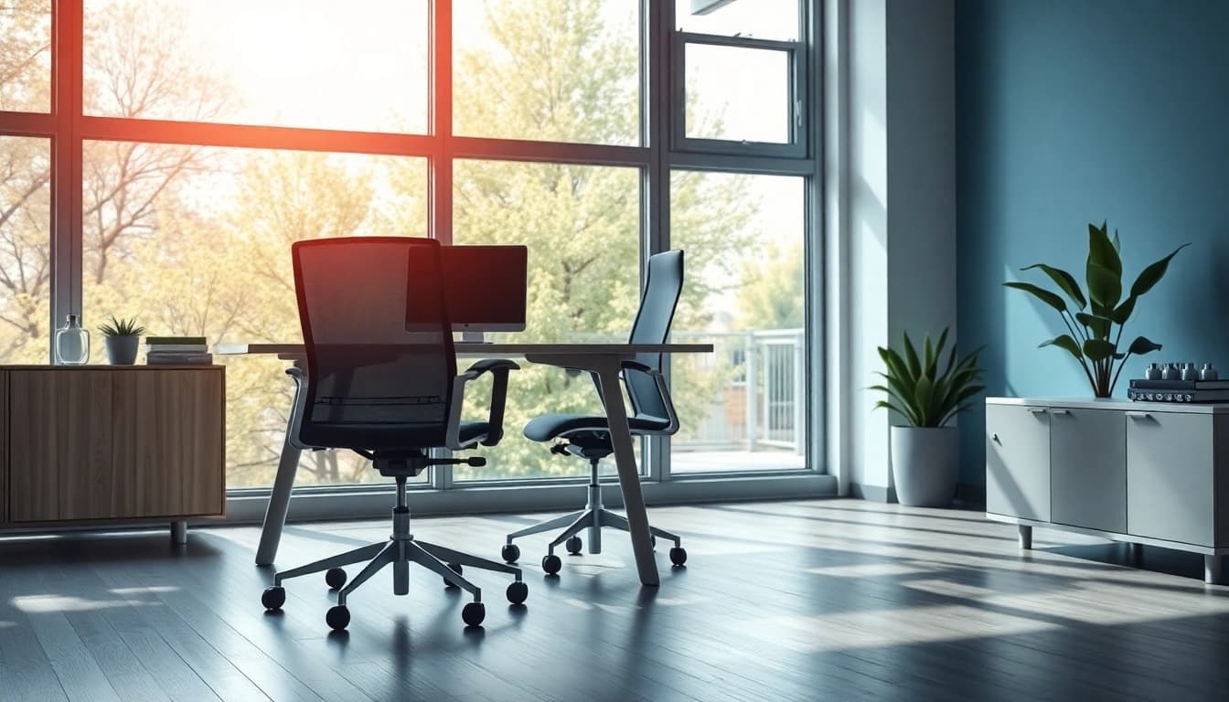 Büromöbel in einem modernen Büro, das Ergonomie und Stil vereint.