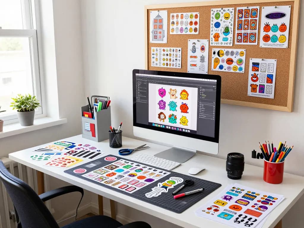 Custom sticker drucken in a vibrant design studio with colorful materials and tools