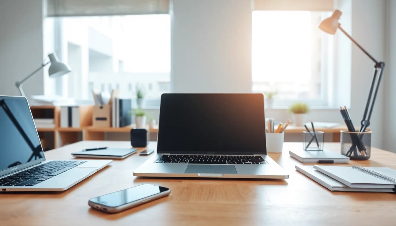 Technik Tipps: Innovative Ideen am modernen Arbeitsplatz mit Laptop und Smartphone.