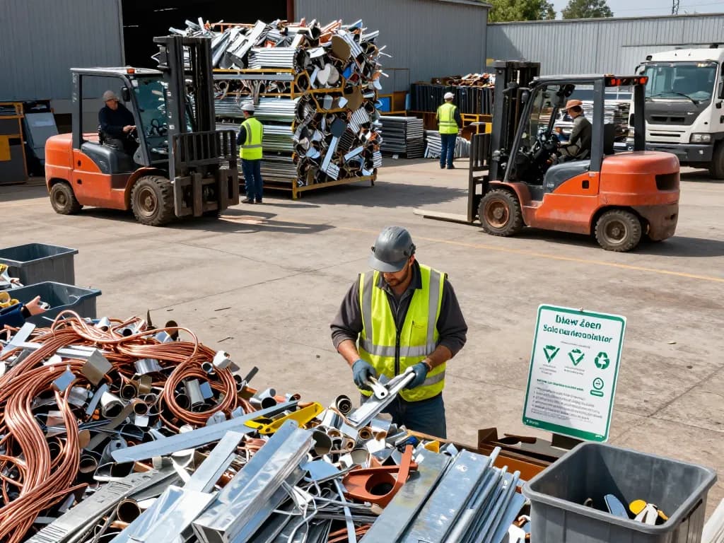 Schrotthändler sortieren Metalle in einem lebendigen Recyclinghof und zeigen Teamarbeit sowie Nachhaltigkeit.