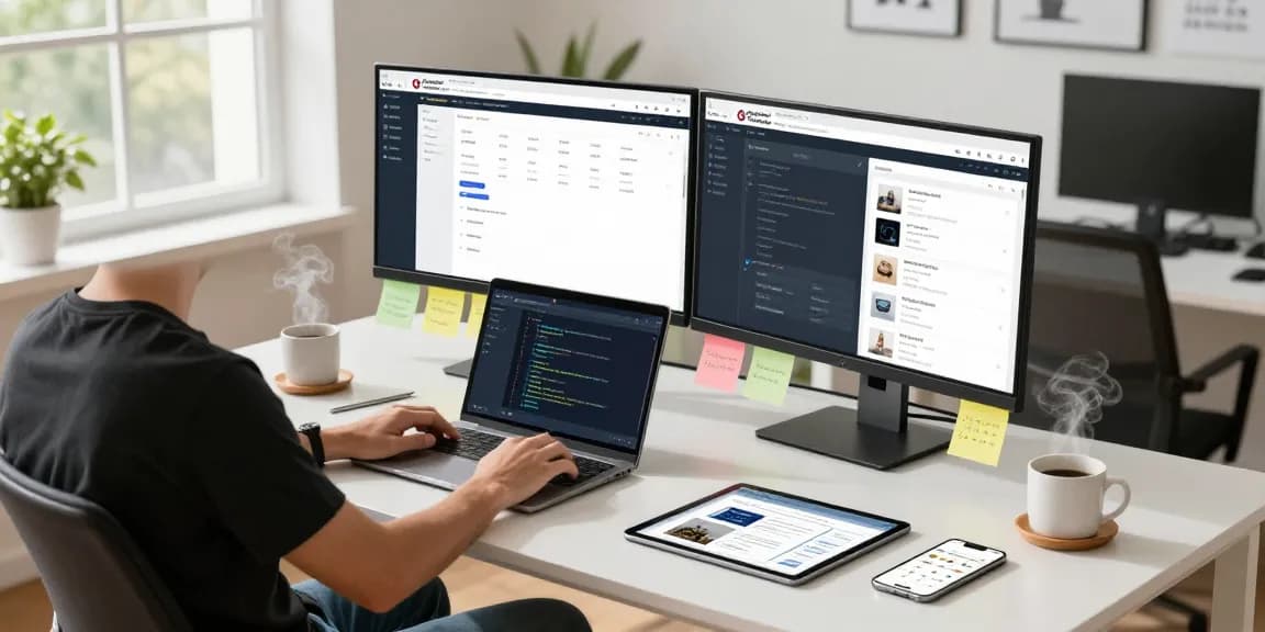 Shopware-Freelancer in einem modernen E-Commerce-Arbeitsbereich, der Lösungen für Online-Shops entwickelt