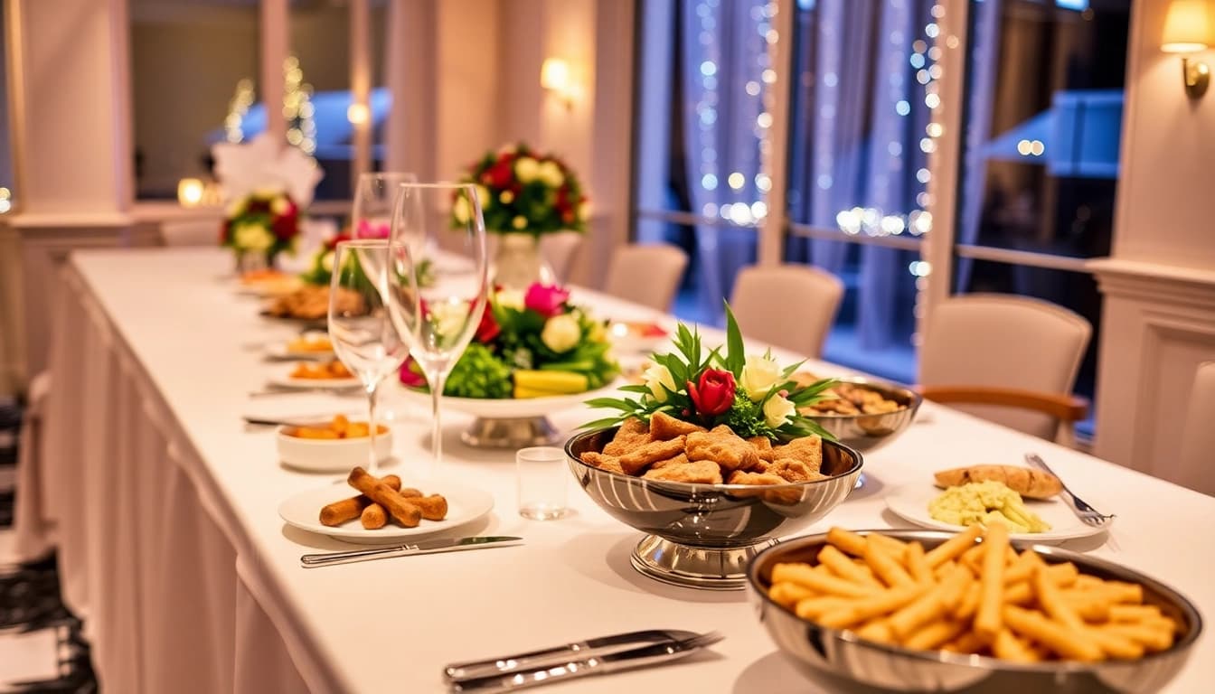 Subtiles Buffet-Arrangement für Partyservice mit köstlichen Speisen, perfekt für jede Feier.