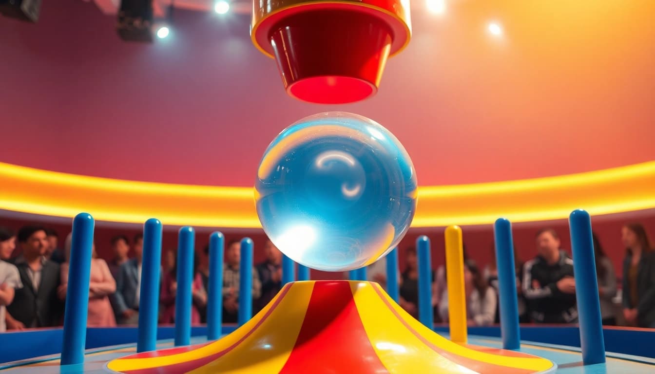 Sehen Sie, wie die Plinko-Kugel aufregend zwischen den Stiften fällt, während das Publikum zuschaut.