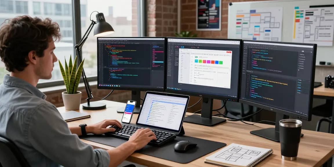 Microsoft RDS User CAL 2025 Preisvergleich in einem modernen Softwareentwicklungsbüro mit einem Entwickler an einem Stehpult und dualen Monitoren.