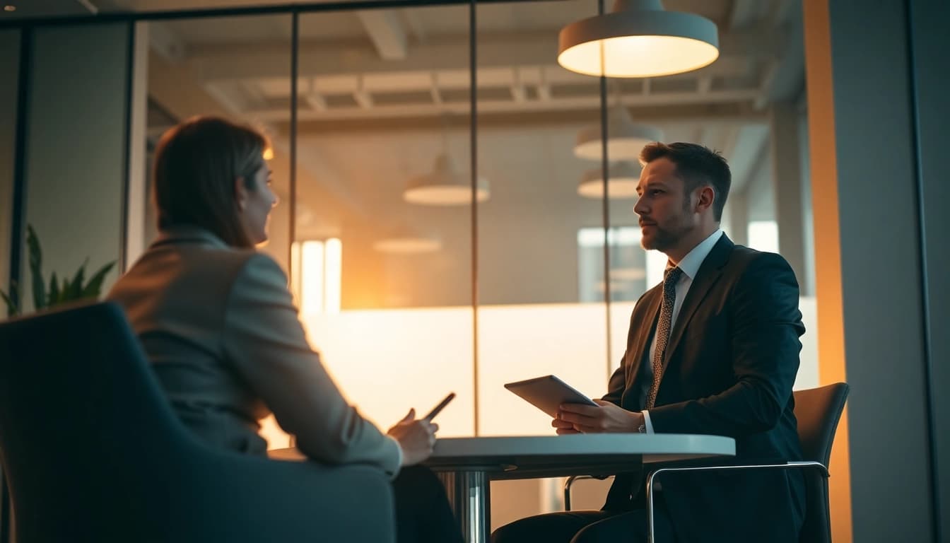 Unternehmensberatung: Ein Unternehmensberater stellt Lösungsvorschläge in einem modernen Büro vor