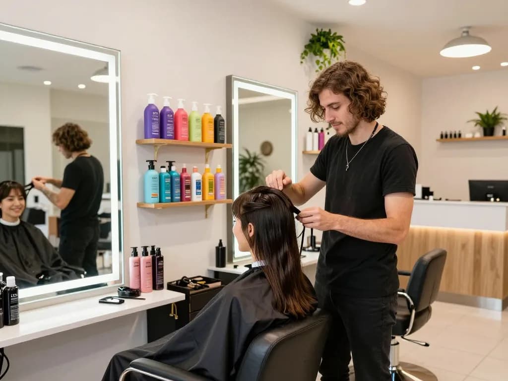 Experiencia transformadora de corte de cabello en la mejor peluquería con decoración vibrante del salón.