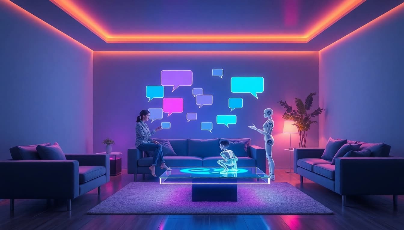 Engaging scene depicting juicy ai interactions in a futuristic living room setting.