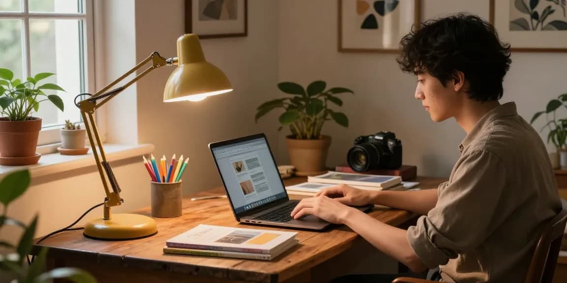 Retro Schreibtischlampen, die warmes Licht in einem stilvollen Homeoffice bieten.