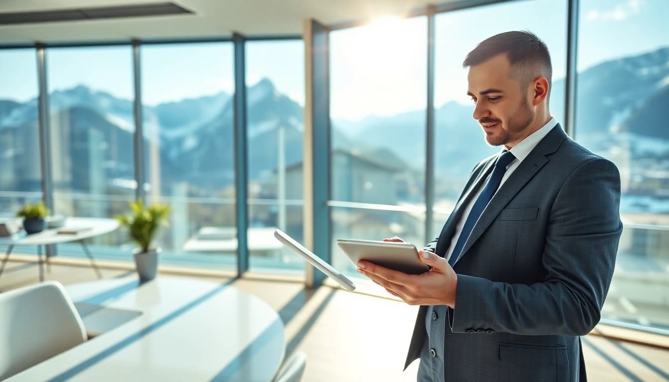Professioneller Headhunter Schweiz berät in einem modernen Büro mit Blick auf die Alpen.