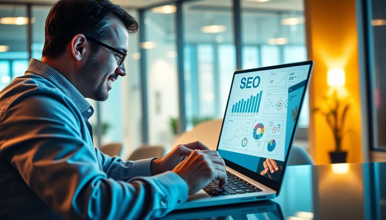 Ein SEO-Experte analysiert das SEO-Ranking auf einem Laptop in einem modernen Büroumfeld.