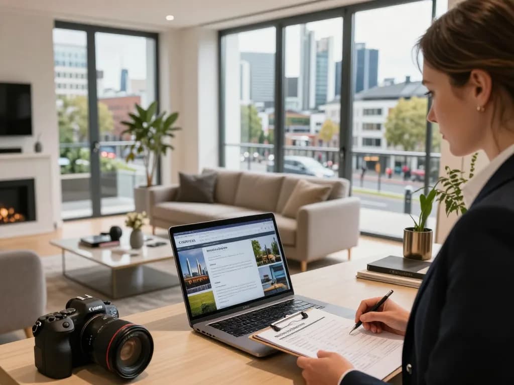 Immobilienmakler Frankfurt Sachsenhausen präsentiert modernen Wohnungen potenziellen Käufern in einem lebhaften städtischen Umfeld.