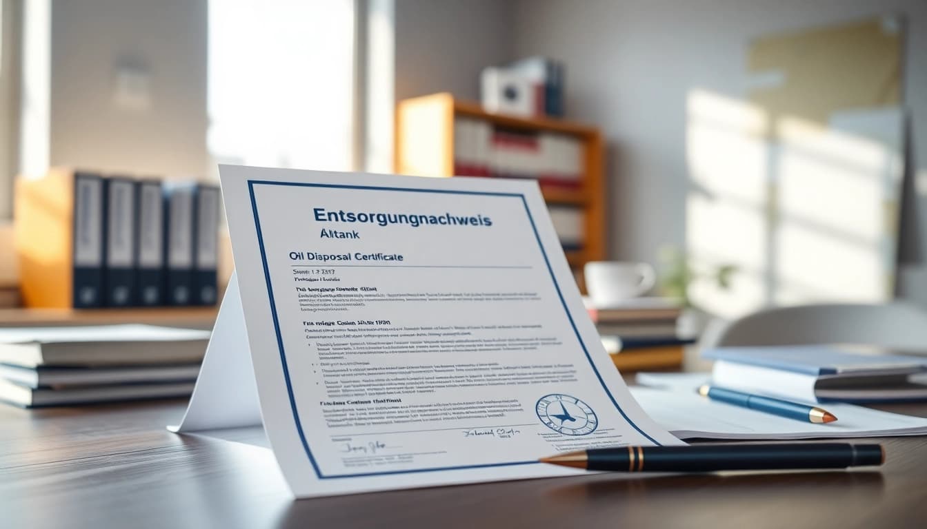 Entsorgungsnachweis Öltank auf einem Schreibtisch mit professionellem Hintergrund.
