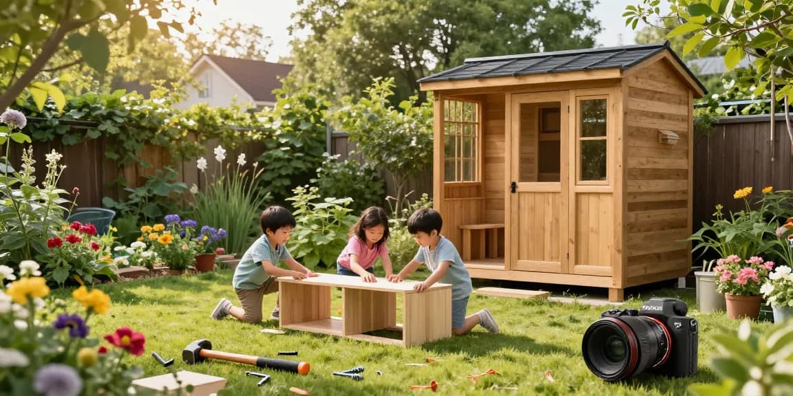 Schönes Gartenhaus aus Holz, eine Familie beim Möbelaufbau, blühende Pflanzen und sonnige Atmosphäre.