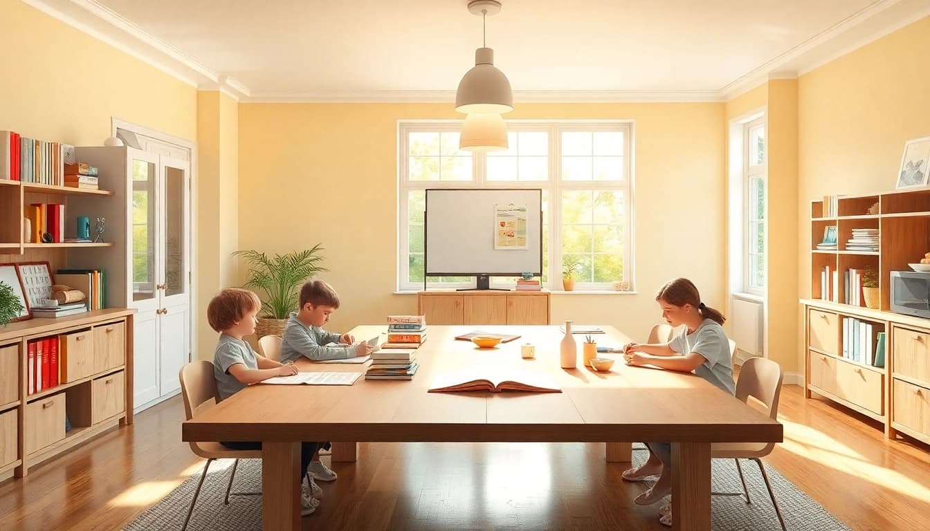 Zeichnen Sie eine inspirierende Lernumgebung für Heimunterricht, in der Kinder und Eltern interaktiv zusammenarbeiten und lernen.