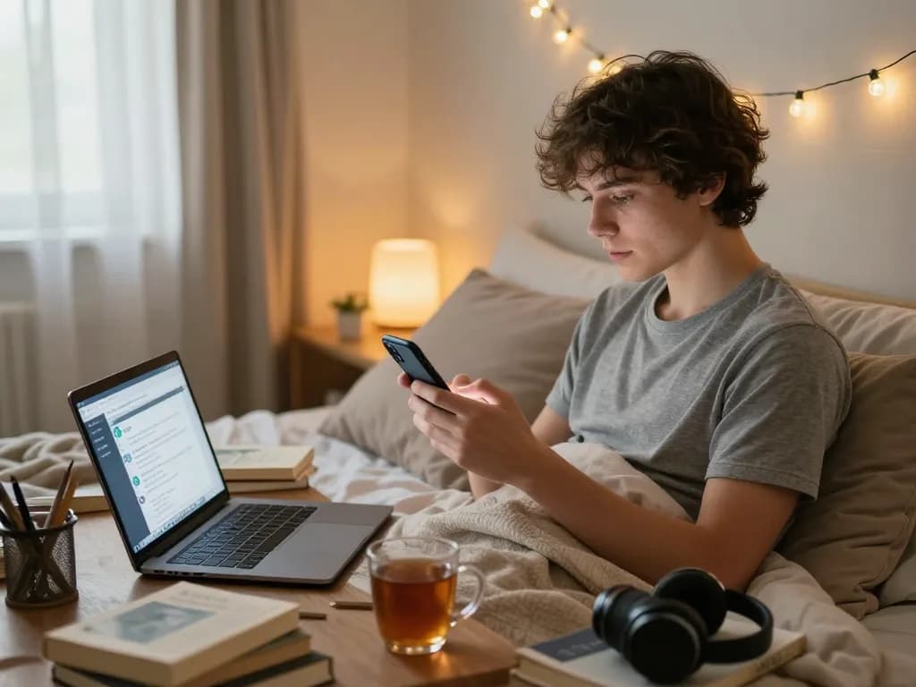 Engaging in sexting ai on a smartphone in a cozy bedroom atmosphere