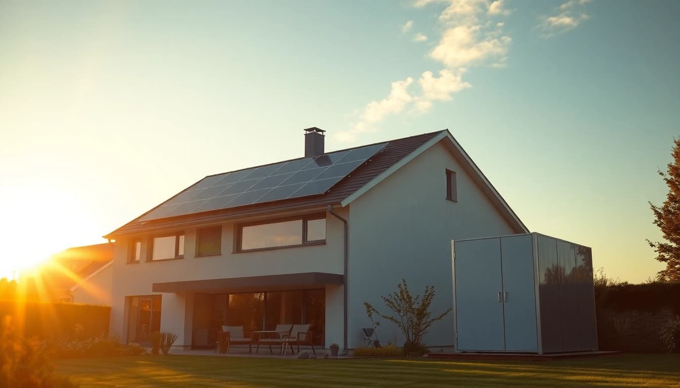 PV-Stromspeicher kaufen: Modernes Zuhause mit Solaranlage und stilvoller Speicherlösung optimal in Szene gesetzt.