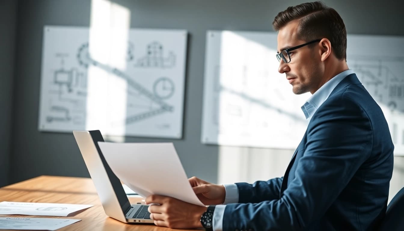 Headhunter Ingenieure prüft Bewerbungen in einem modernen Büro mit Engineering-Designs im Hintergrund.