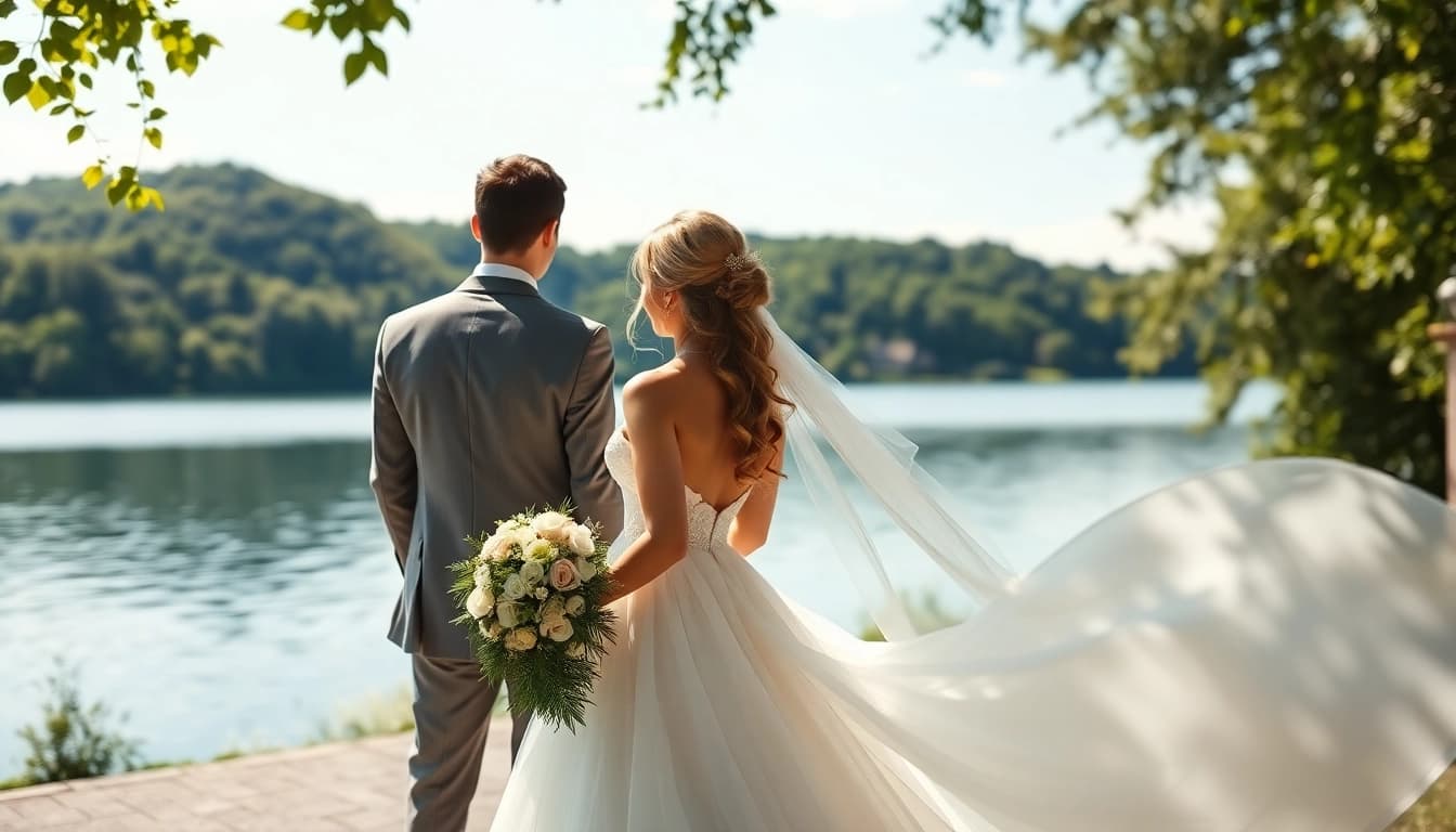 Hochzeitsfotograf Tegernsee begeistert mit romantischem Paar am Seeufer.
