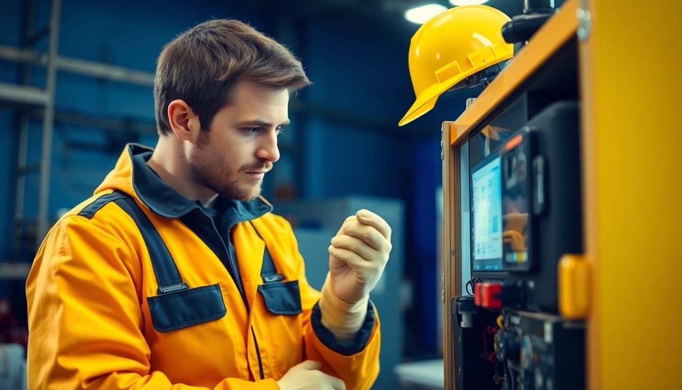 Fachkraft beim prüfen der ortsveränderlichen elektrischen Betriebsmittel in einer sicheren Umgebung.