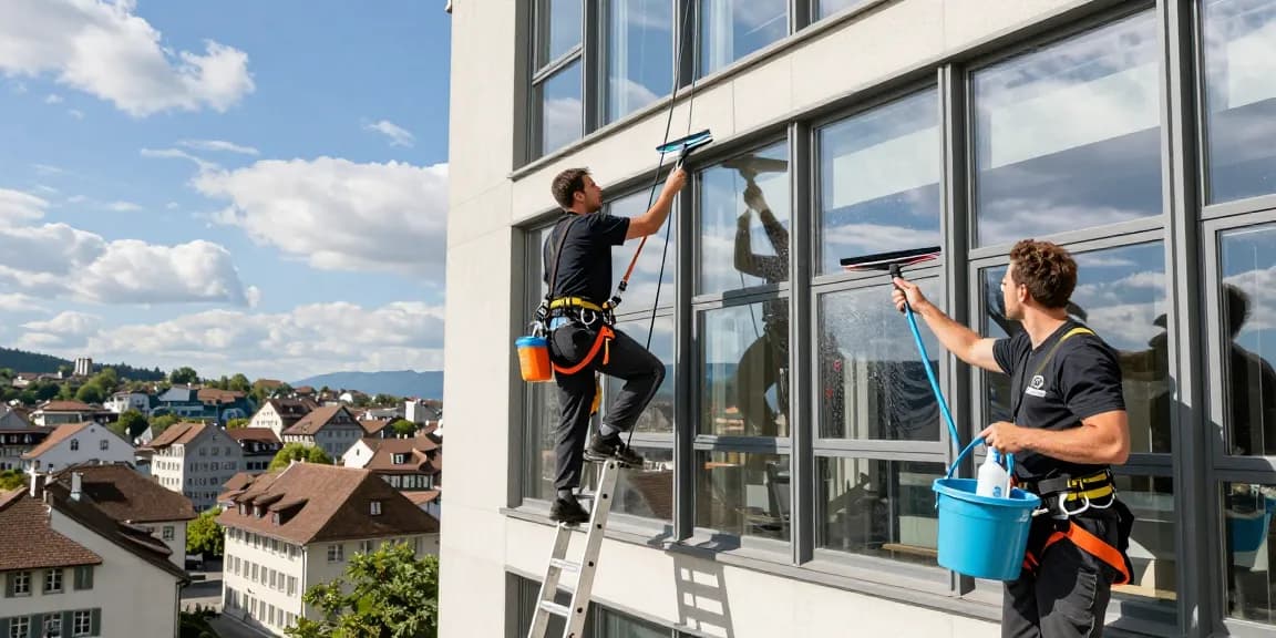 Expert fensterreinigung solothurn team demonstrating professional window cleaning techniques on a sunny day.