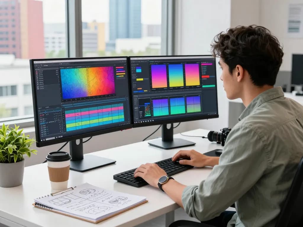Creative workspace utilizing free motion control technology for innovative video editing.