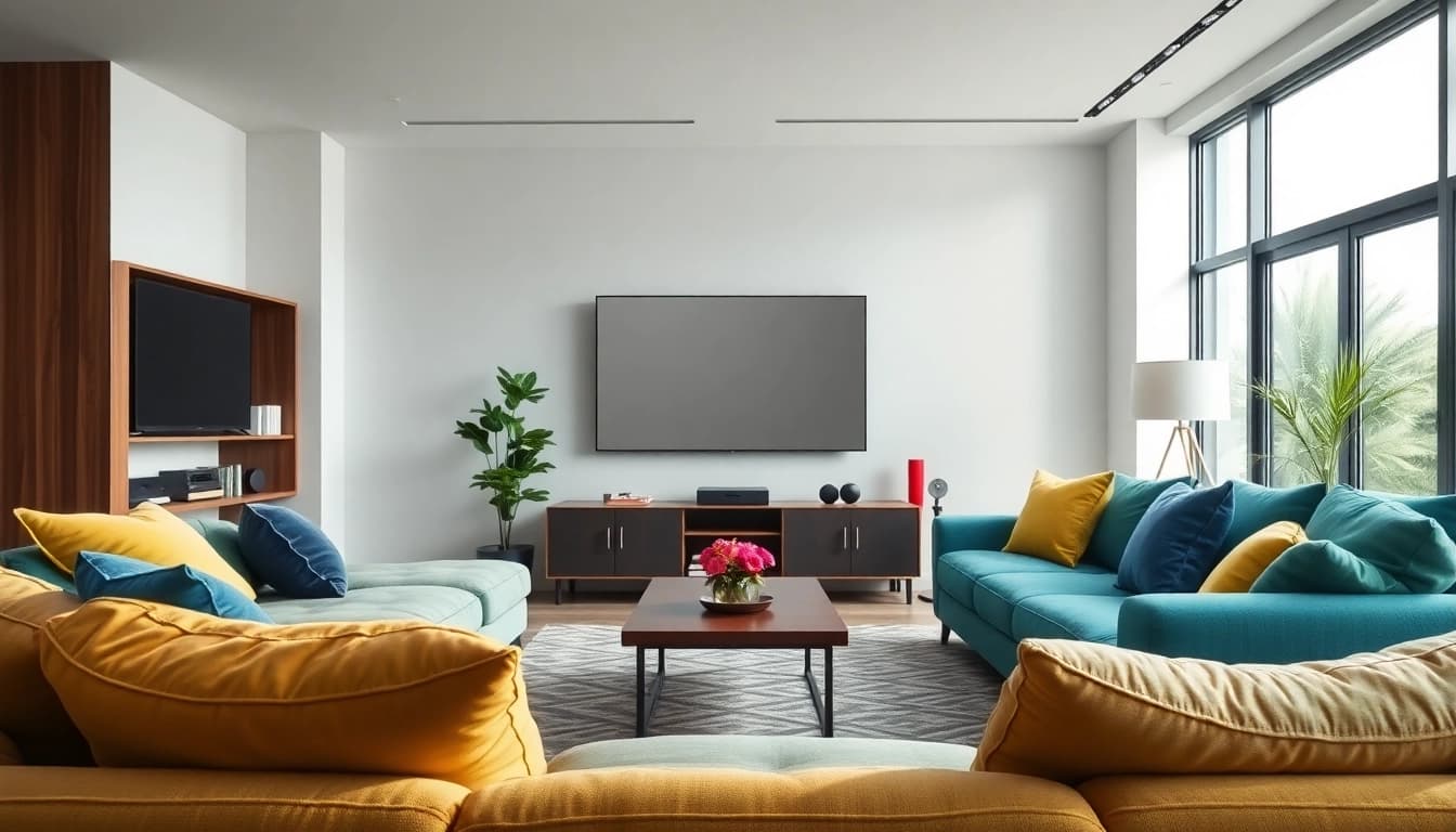 Genießen Sie IPTV Internet TV in einem modernen Wohnzimmer mit einem großen Fernseher und gemütlichem Mobiliar.