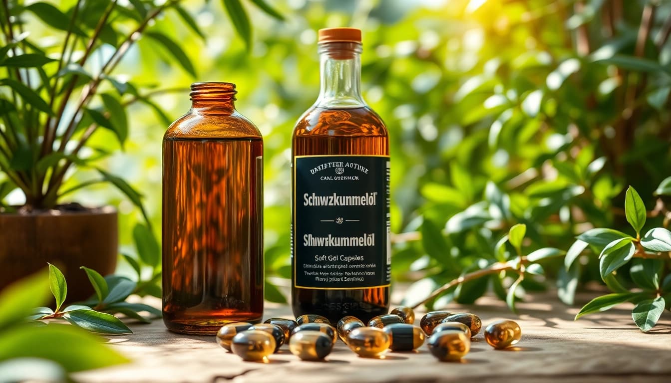 Schwarzkümmelöl in stilvollem Ambiente mit Kapseln und natürlicher Beleuchtung.