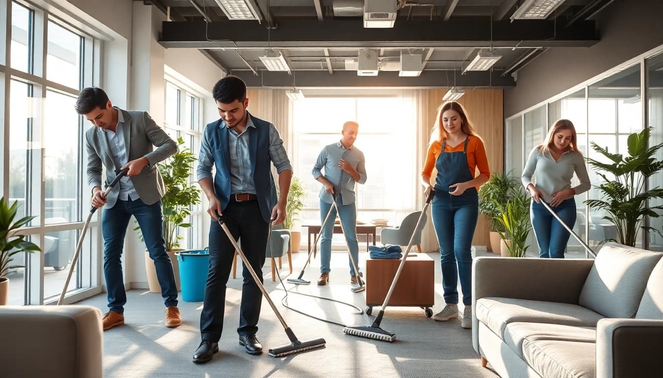 Effiziente Gebäudereinigung Ulm in einem modernen Büro mit Reinigungsteam.