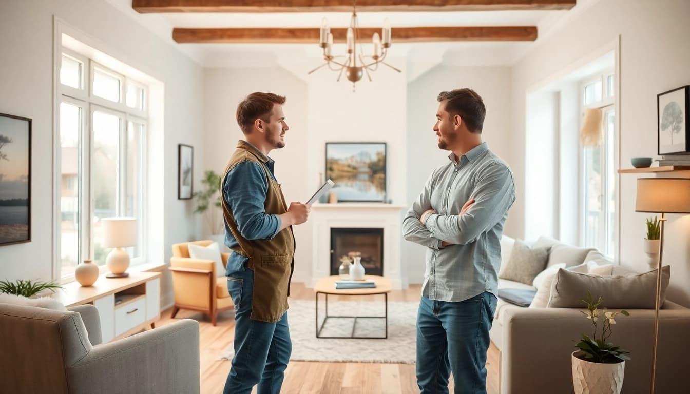 Inspirierende Szene einer Hausrenovierung mit modernem Design und Beratung zwischen Handwerker und Hausbesitzer.