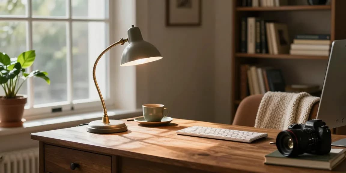 Stilvolle Retro Schreibtischlampen, die warmes Licht in einem gemütlichen Home-Office spenden.
