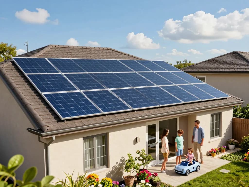 Genießen Sie die Vorteile der Photovoltaik Wien mit einer Solarpanelinstallation in einem modernen Zuhause, das familienfreundliche Nachhaltigkeitsaktivitäten zeigt.