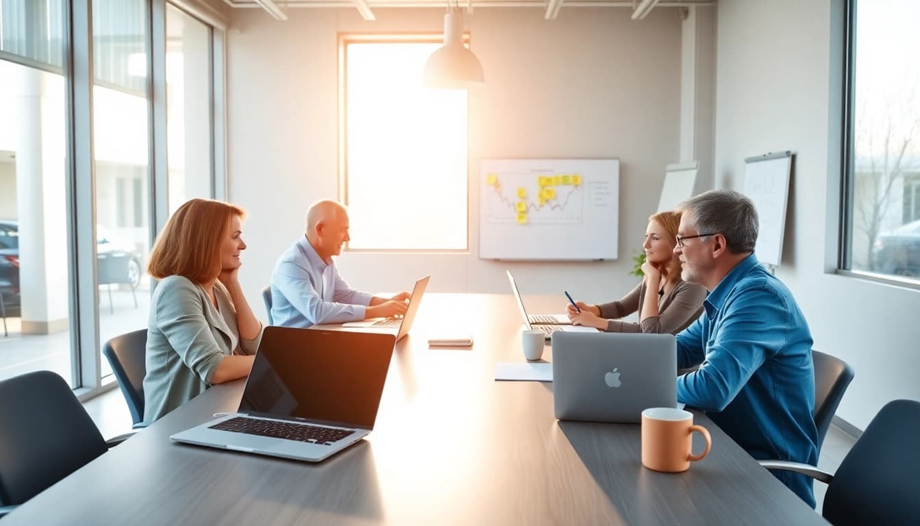Strategic collaboration by a werbeagentur pflege team in a modern office space.