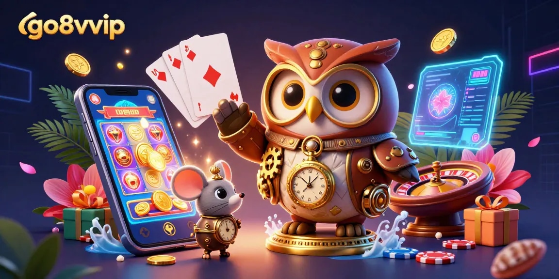 Play exciting casino games with go8vvip featuring a cartoon owl and vibrant slot action.