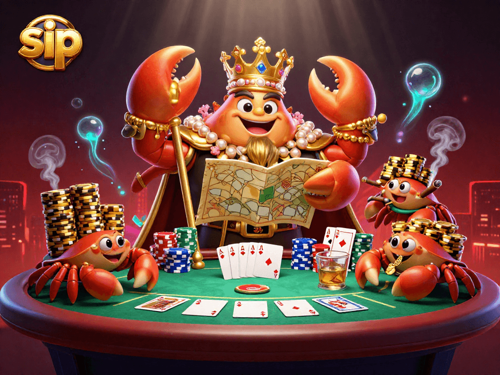 Experience sip through a vibrant poker game scene featuring a crab emperor amidst piles of chips.