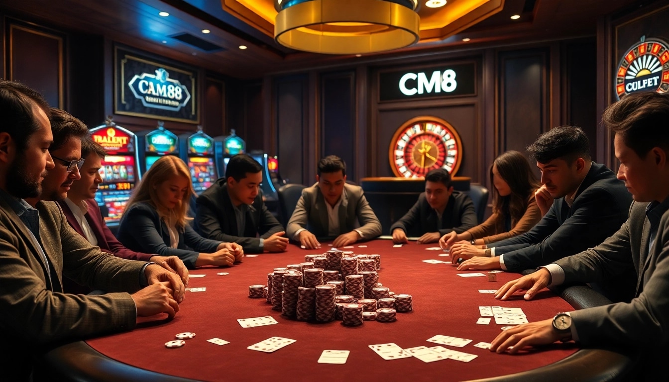 Experience thrilling gameplay at CM88 with poker chips and vibrant slot machines.