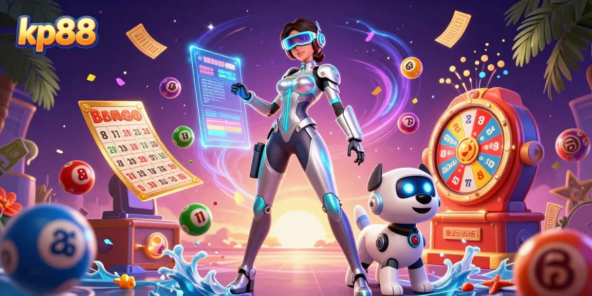 Experience thrilling gaming at kp88 with a vibrant illustration showcasing colorful lotto balls and festive casino elements.