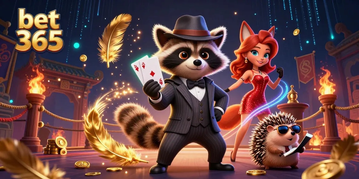 Experience the thrill of bet 365 with a raccoon holding a royal flush among vibrant casino elements.