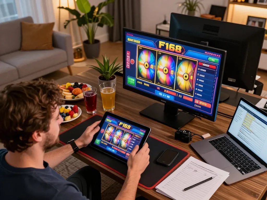 Engaging in online slots gameplay on F168.com in a cozy living room setting, with vibrant graphics on the tablet screen