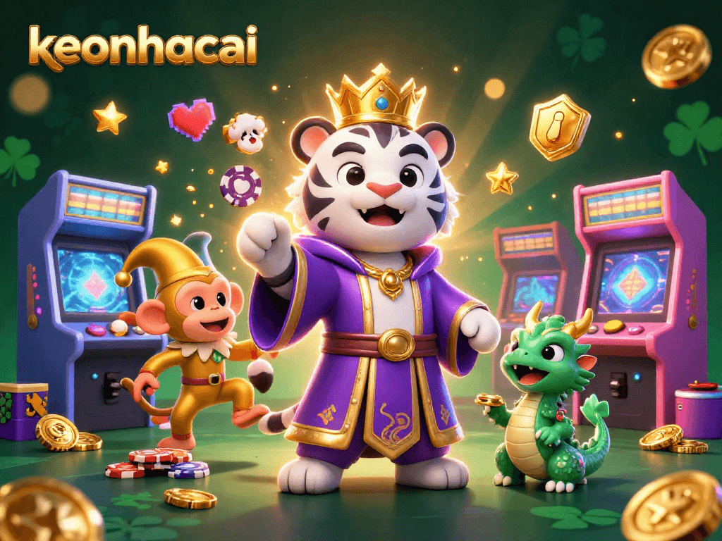 Engage with keonhacai through a vibrant 3D casino scene showcasing energetic characters and dynamic gaming elements.