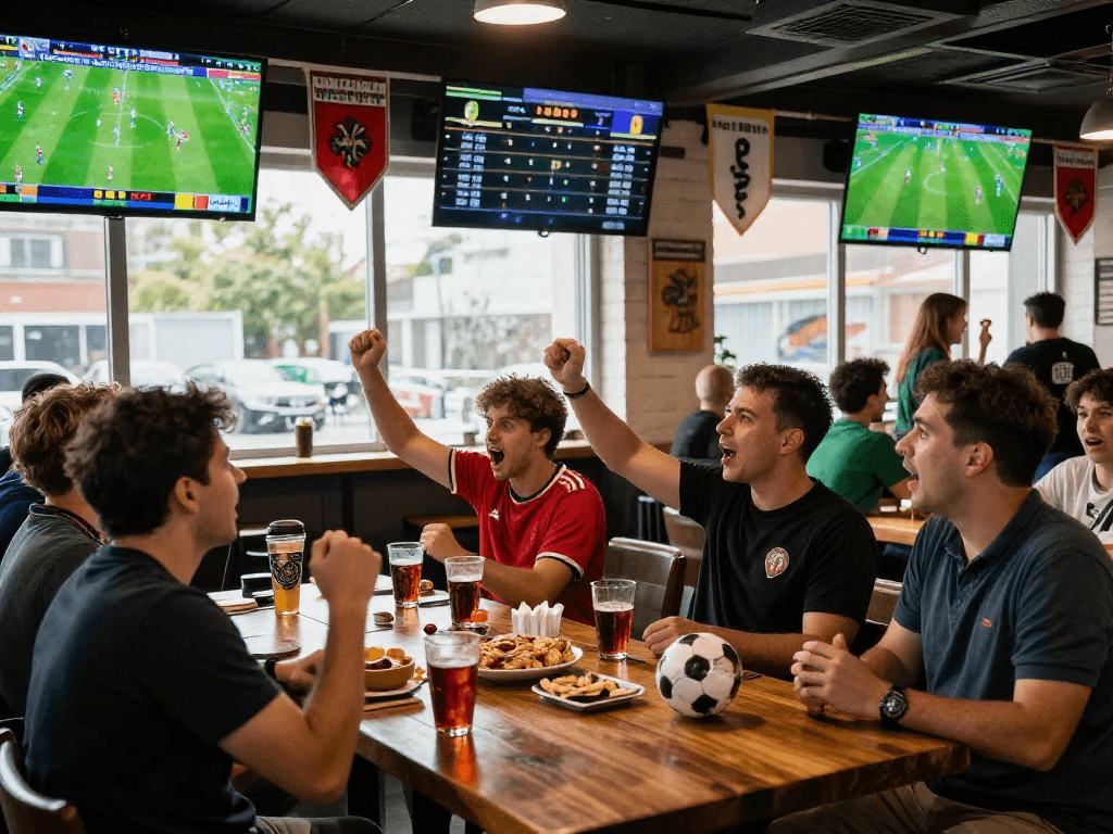 Wetten Fußball in einer Sportsbar mit begeisterten Fans und Live-Matches.