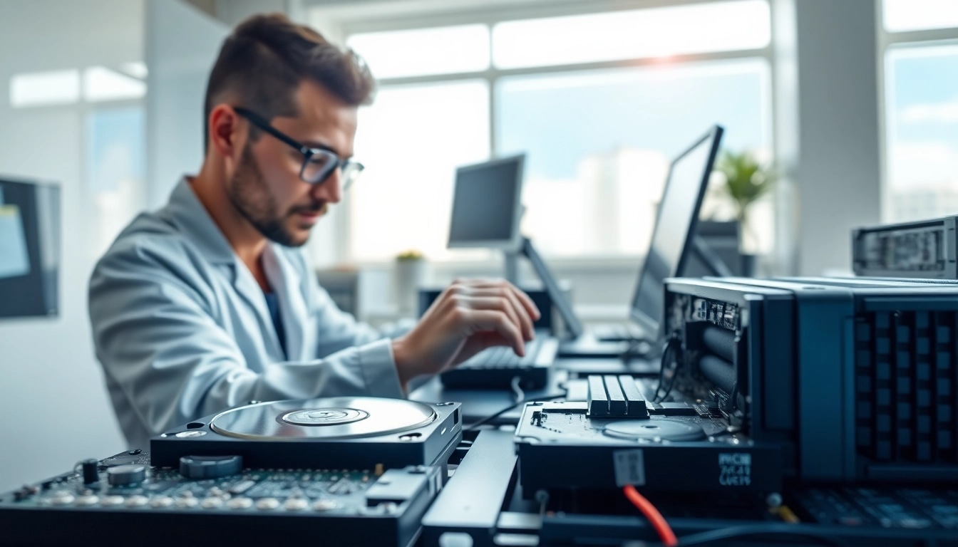 Datenrettung durch Fachmann mit Computerhardware und moderner Ausstattung