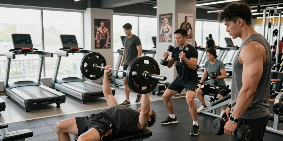 Anabolika Shop: Trainingsszene in modernem Fitnessstudio mit Bodybuildern beim Hochheben von Gewichten und motivierenden Elementen.